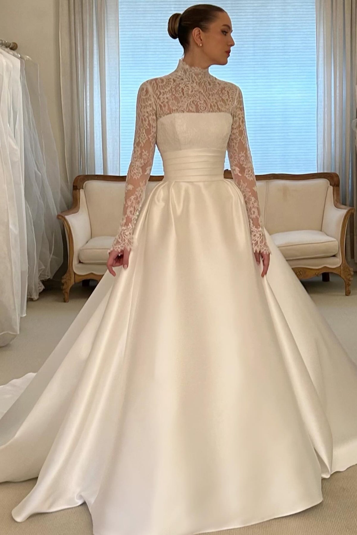 High-Neck Lace and Satin Ball Gown Wedding Dress