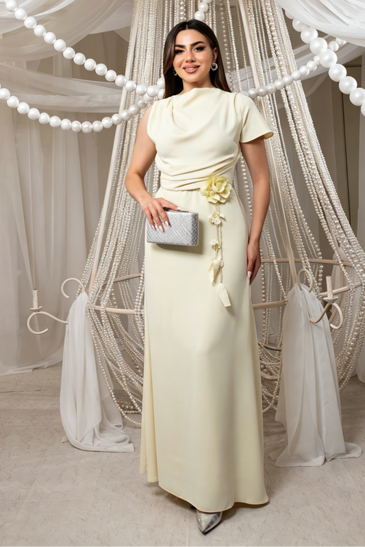 Asymmetrical Cowl Neck Dress with 3D Flower