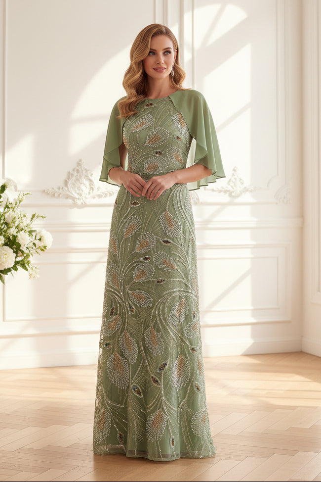 Beaded Column Gown with Chiffon Cape