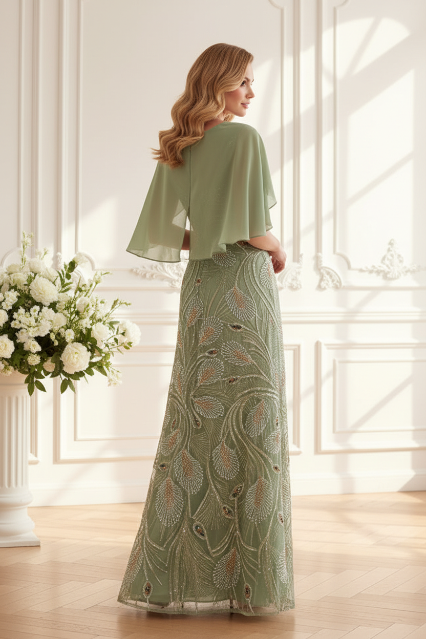 Beaded Column Gown with Chiffon Cape