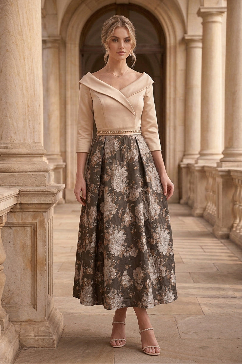 Foldover Portrait Collar Jacquard Midi Dress