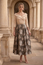 Foldover Portrait Collar Jacquard Midi Dress