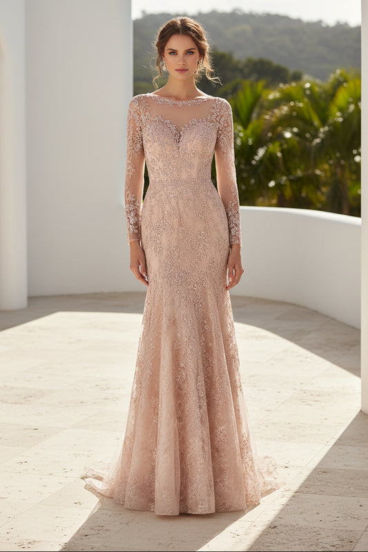 Lace Trumpet Gown with Illusion Long Sleeves