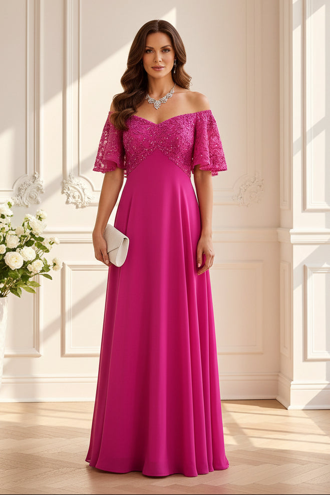 Off-Shoulder Lace Bodice A-Line Evening Gown