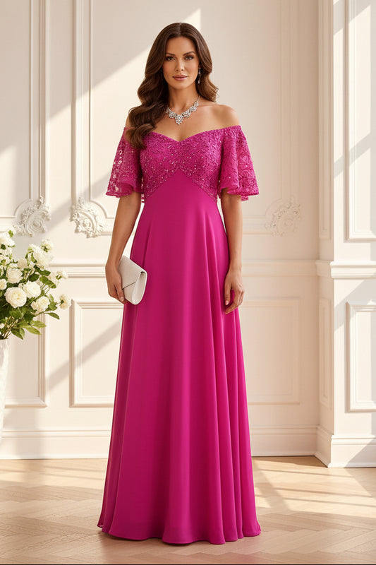 Off-Shoulder Lace Bodice A-Line Evening Gown