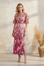 Floral Embroidered Midi Dress with Flutter Sleeves