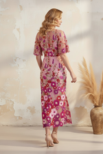 Floral Embroidered Midi Dress with Flutter Sleeves
