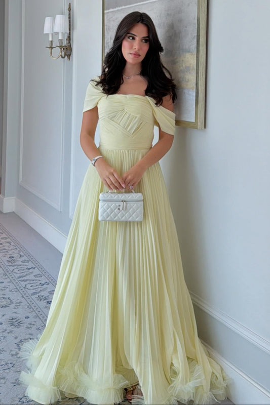 Off-The-Shoulder Pleated Chiffon A-Line Gown