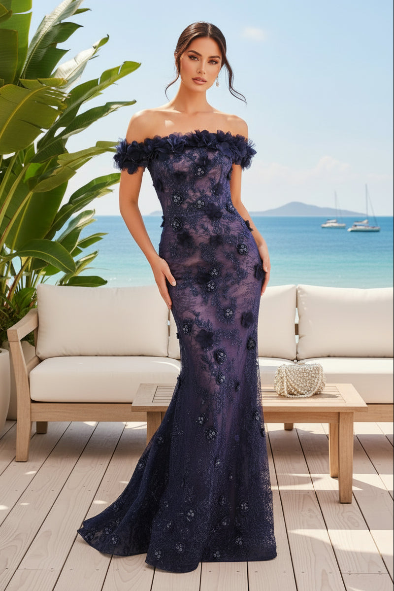 Off-the-Shoulder 3D Floral Lace Trumpet Gown