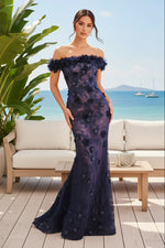 Off-the-Shoulder 3D Floral Lace Trumpet Gown