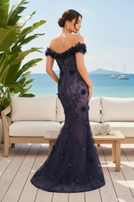 Off-the-Shoulder 3D Floral Lace Trumpet Gown