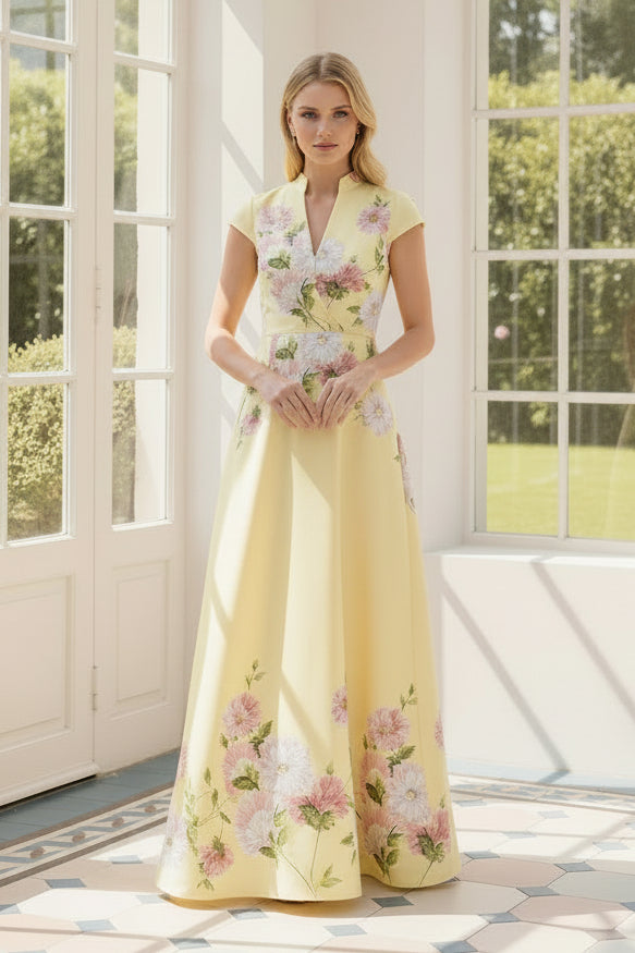 Floral Print A-Line Maxi Dress with Cap Sleeves