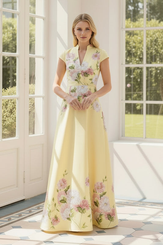 Floral Print A-Line Maxi Dress with Cap Sleeves