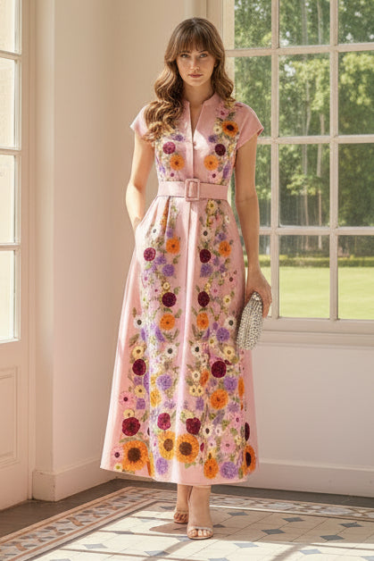 Floral Embroidered Belted Midi Dress