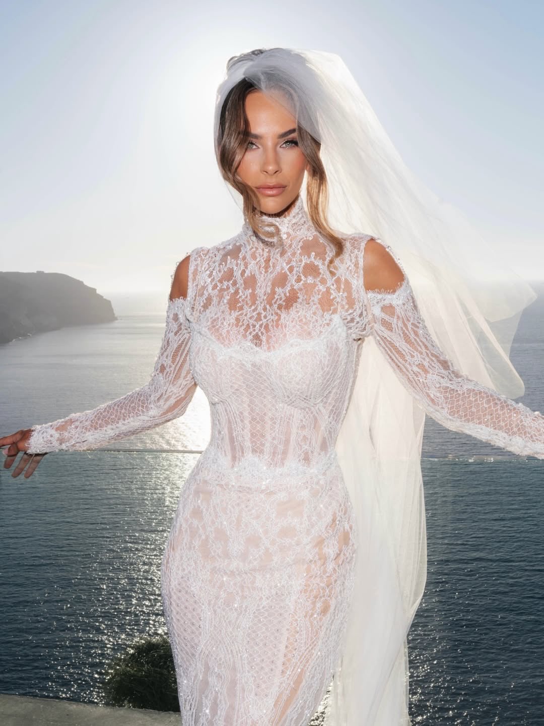 Long Sleeve Lace Mermaid Wedding Gown with Cold Shoulder