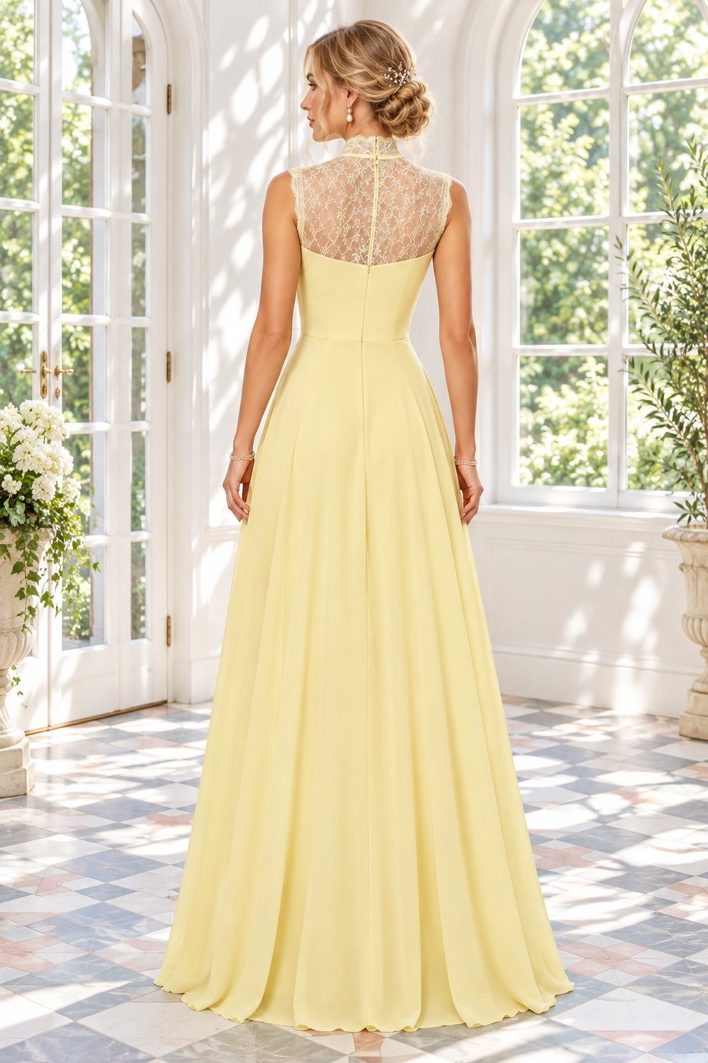 Embroidered Floral High-Neck A-Line Gown