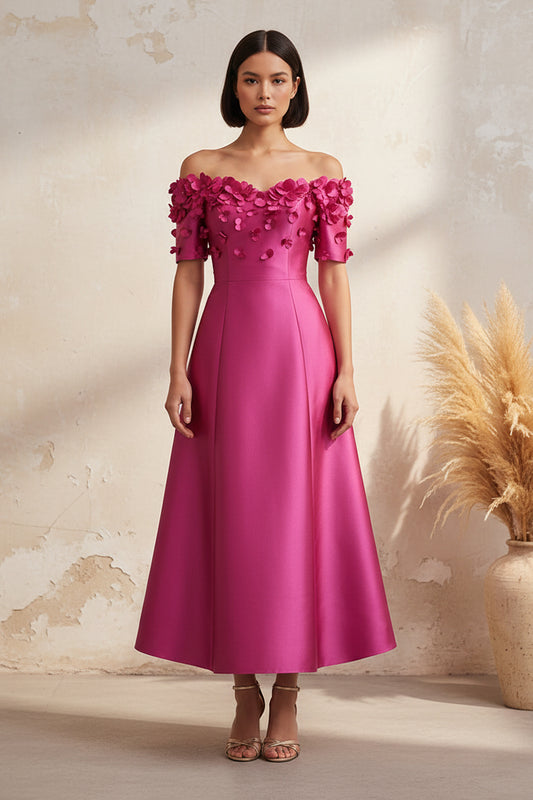 Off-Shoulder Floral Applique Midi Dress