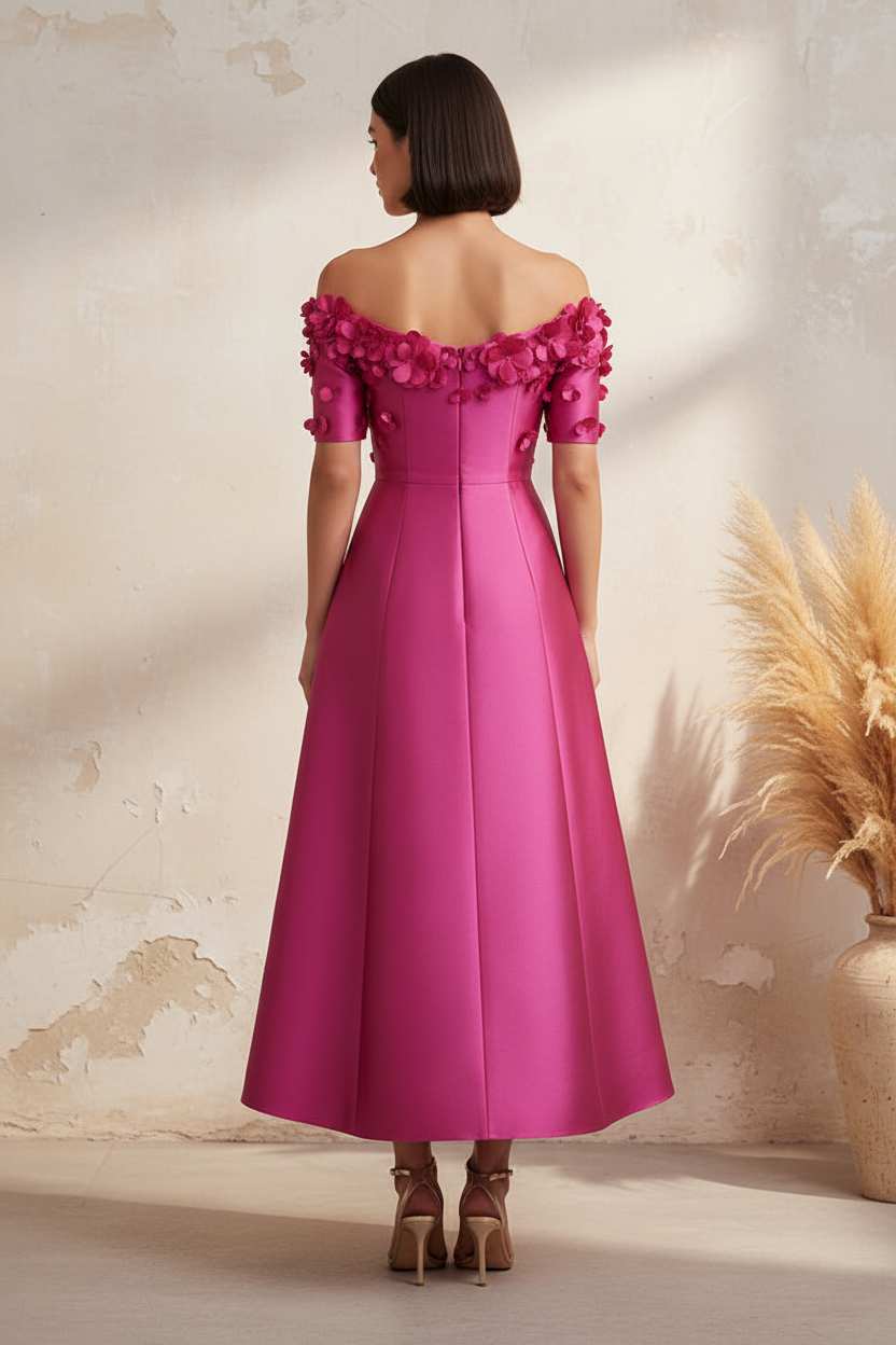 Off-Shoulder Floral Applique Midi Dress