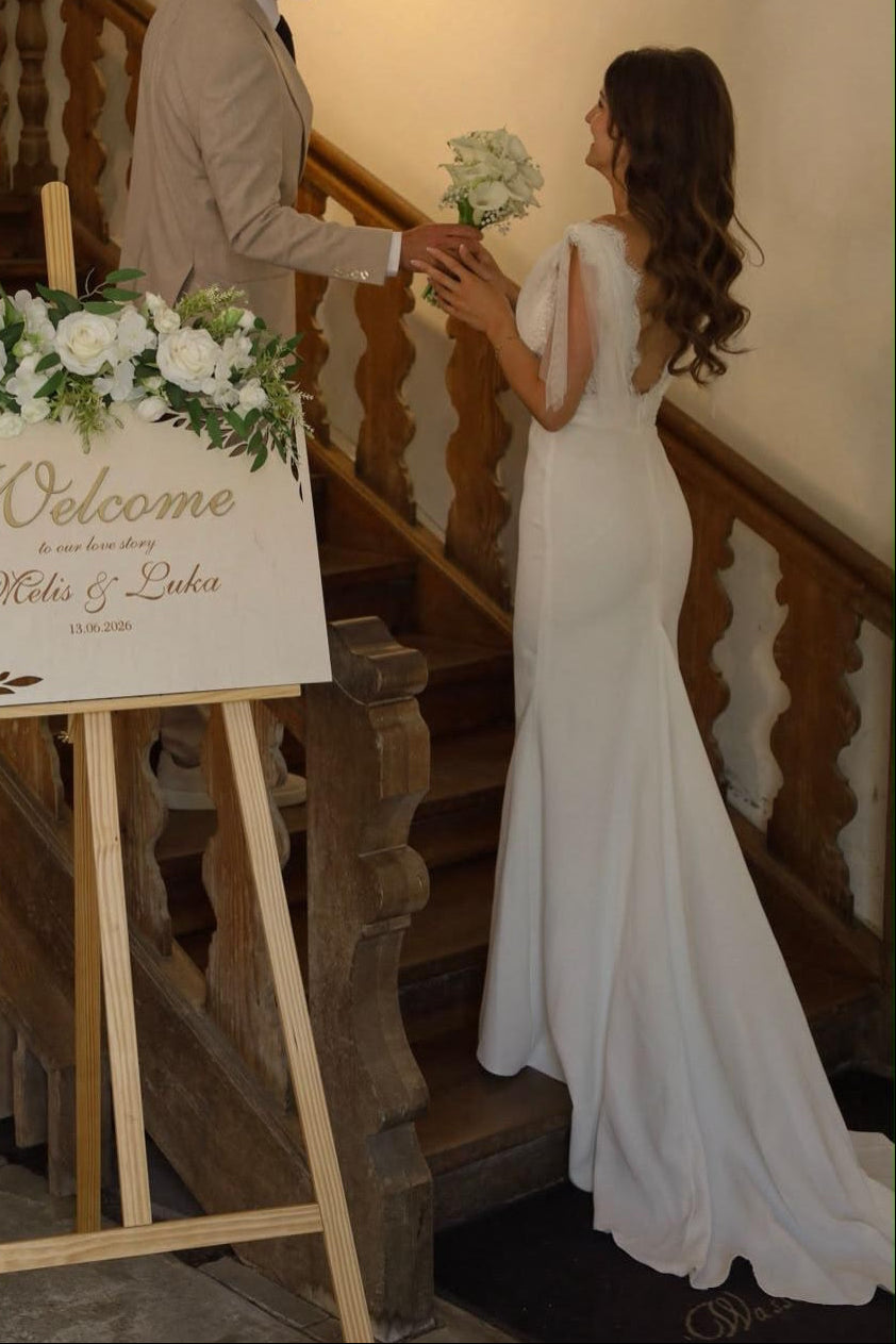 Lace V-Neck Bridal Gown with Tulle Shoulder Ties