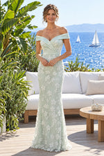 Off-the-Shoulder Floral Lace Column Evening Gown