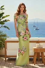 Floral Off-the-Shoulder Column Gown with Bow
