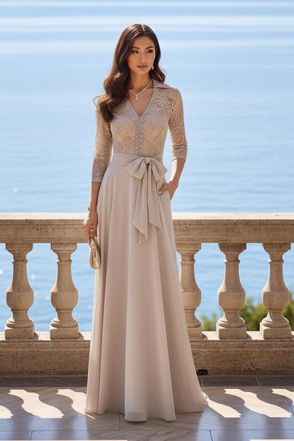 Lace Bodice A-Line Maxi Dress with Collar & Bow