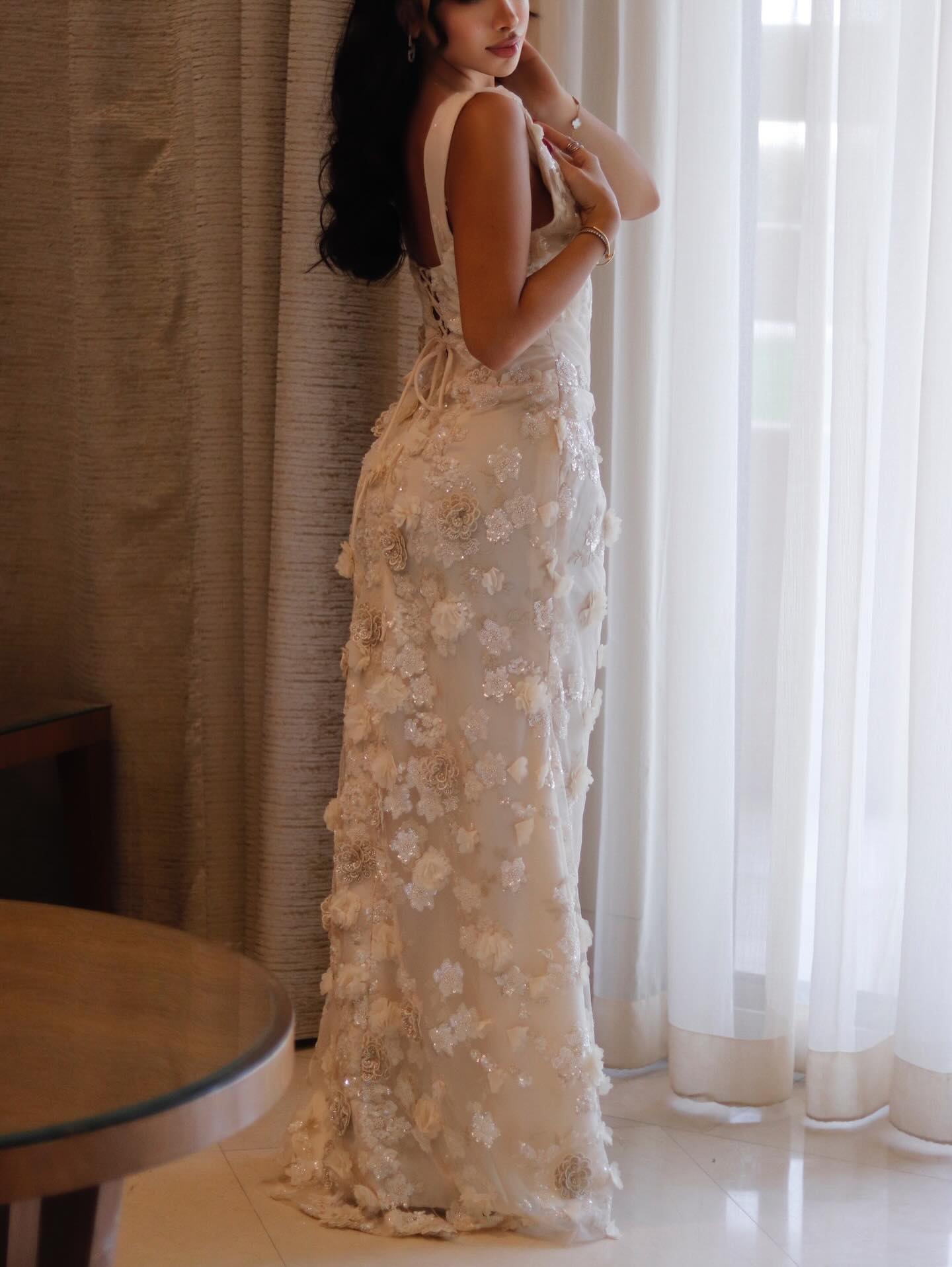 3D Floral Applique Lace-Up Formal Gown