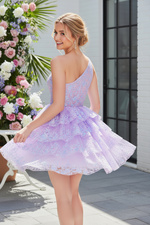 Tiered Lace and Sequin One-Shoulder Mini Dress