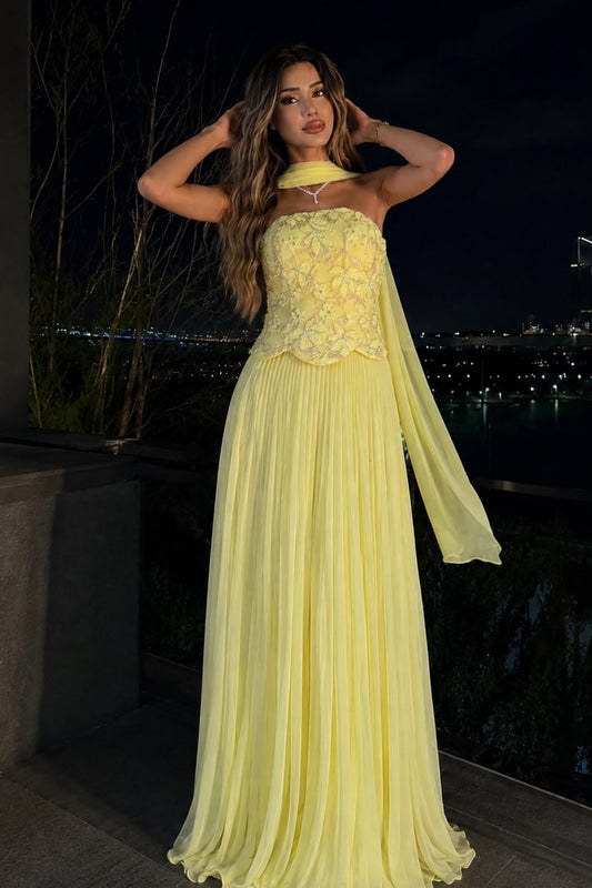 Strapless Floral Applique Gown with Pleated Skirt