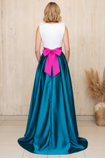 Elegant Color Block Satin A-Line Gown with 3D Floral Neckline and Bow Sash