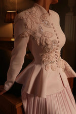 Elegant Pleated Two-Piece Peplum Jacket & Maxi Skirt Set