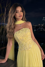 Strapless Floral Applique Gown with Pleated Skirt