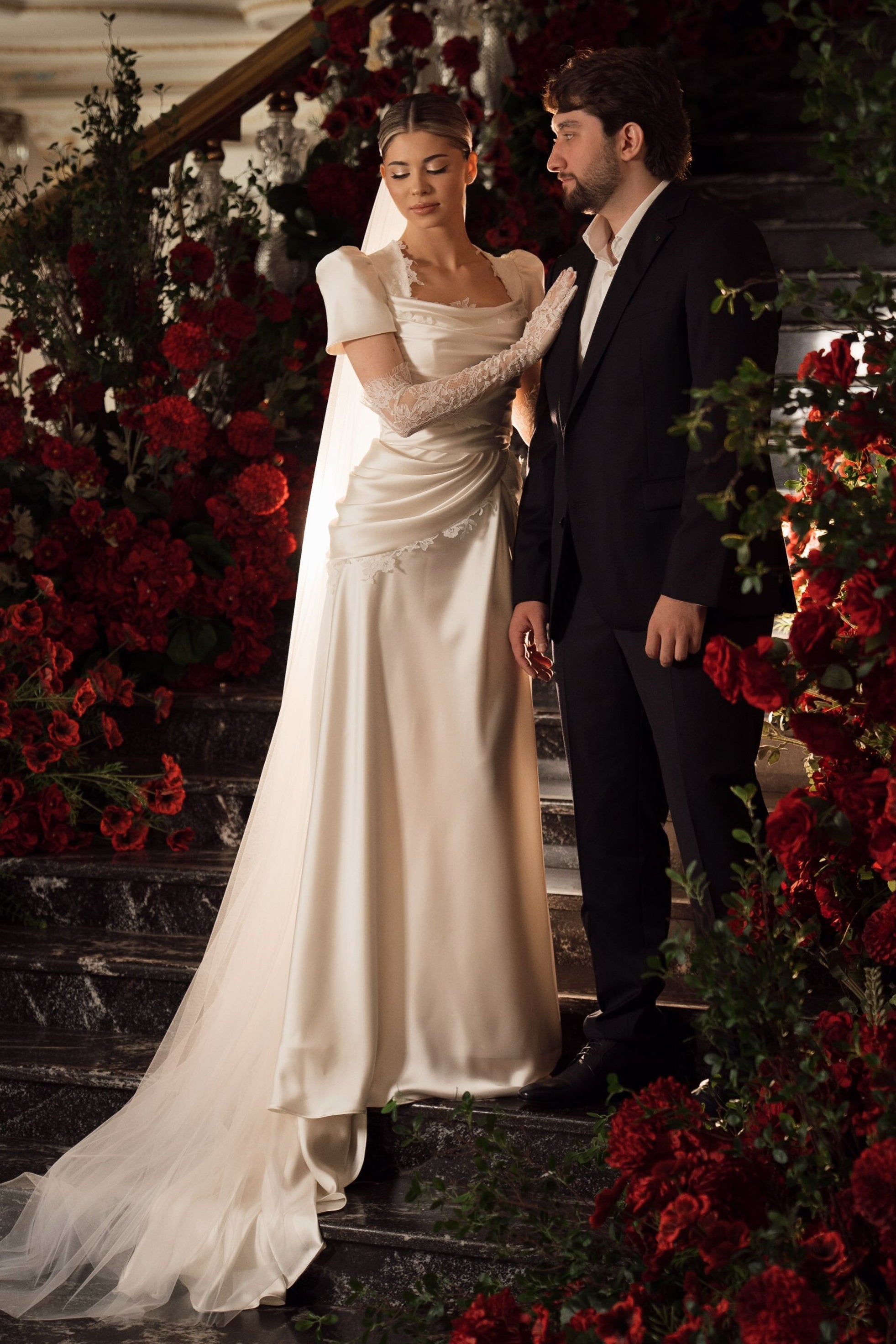 Satin Wedding Dress with Puff Short Sleeves