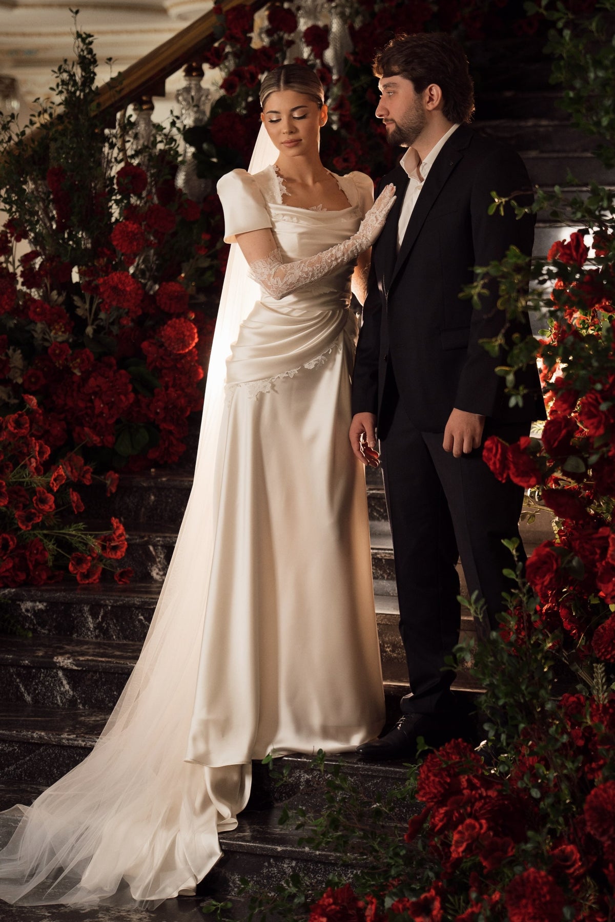 Satin Wedding Dress with Puff Short Sleeves