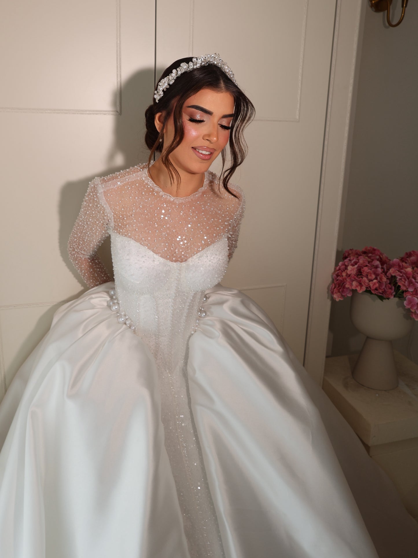Illusion Sleeve Ball Gown Wedding Dress with Corset Bodice