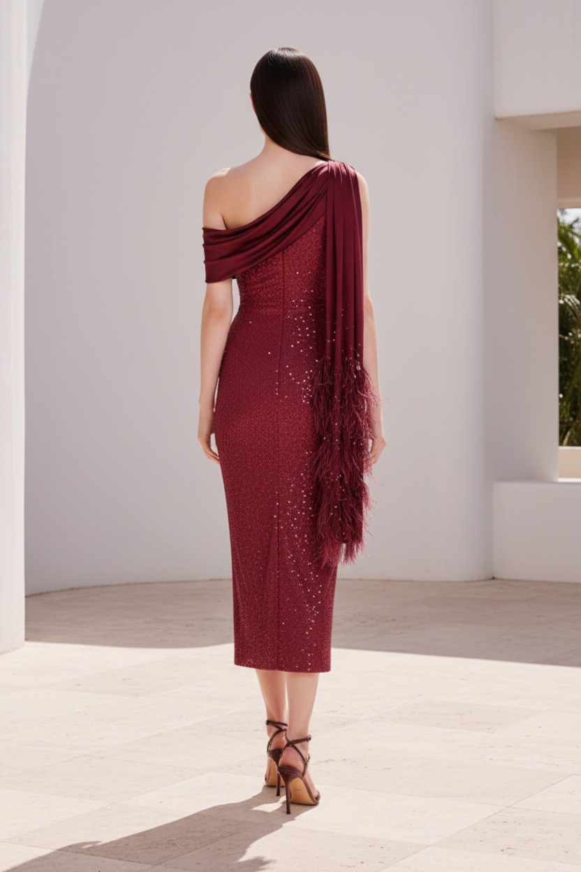 One Shoulder Sequin Midi Dress with Feather Drape