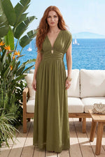 Ruched Deep V-Neck Maxi Dress with Cap Sleeves