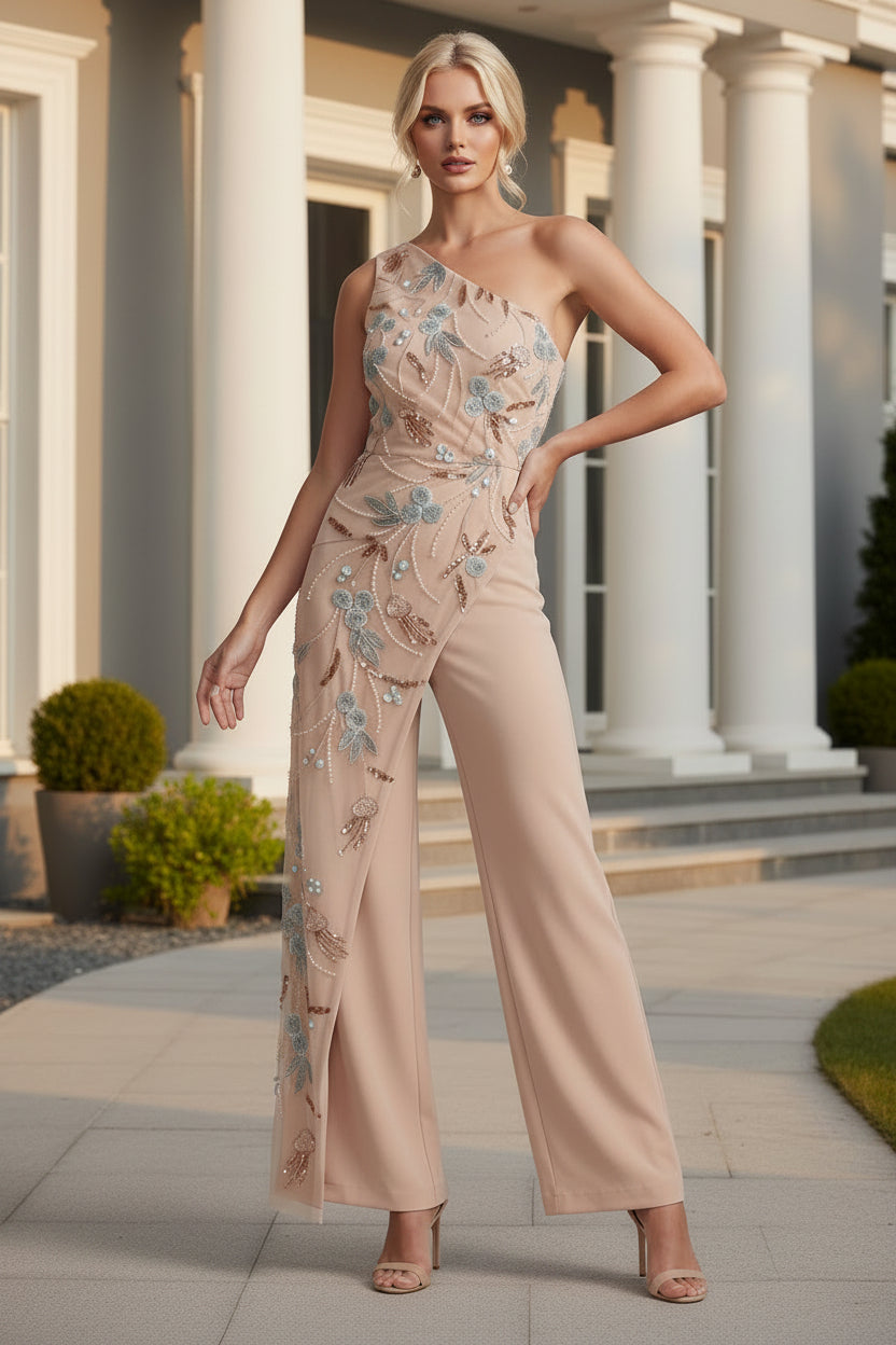 One-Shoulder Beaded Evening Jumpsuit with Drape