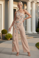 One-Shoulder Beaded Evening Jumpsuit with Drape