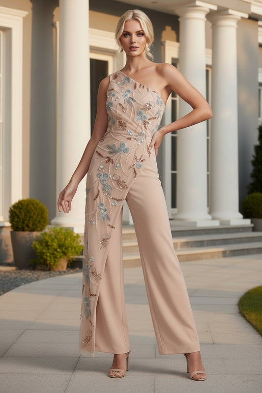 One-Shoulder Beaded Evening Jumpsuit with Drape
