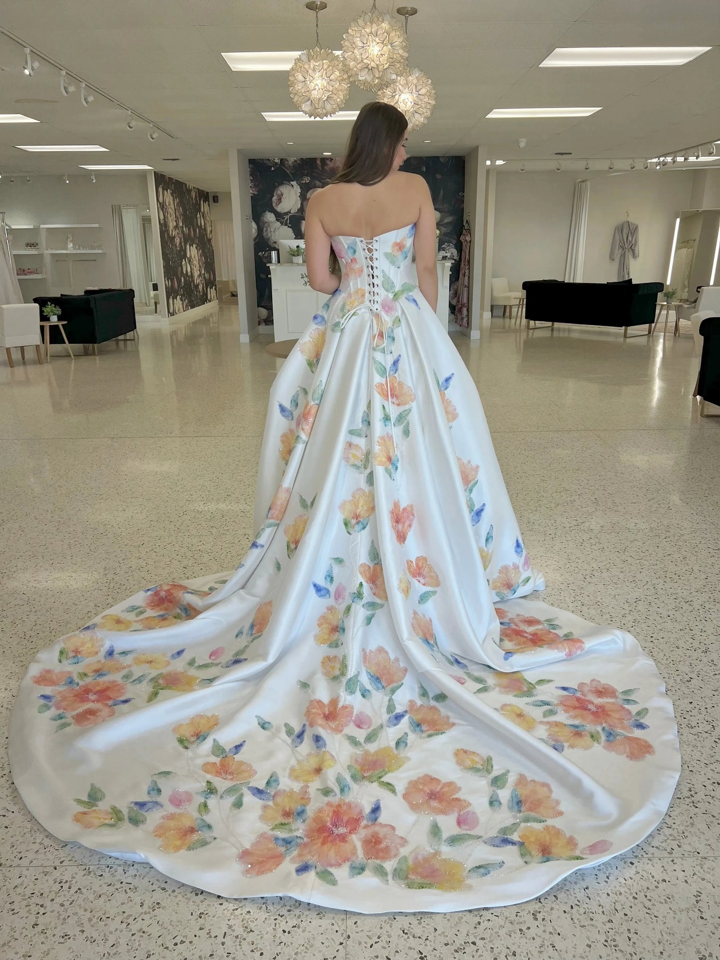 Strapless Floral Print Corset Wedding Dress