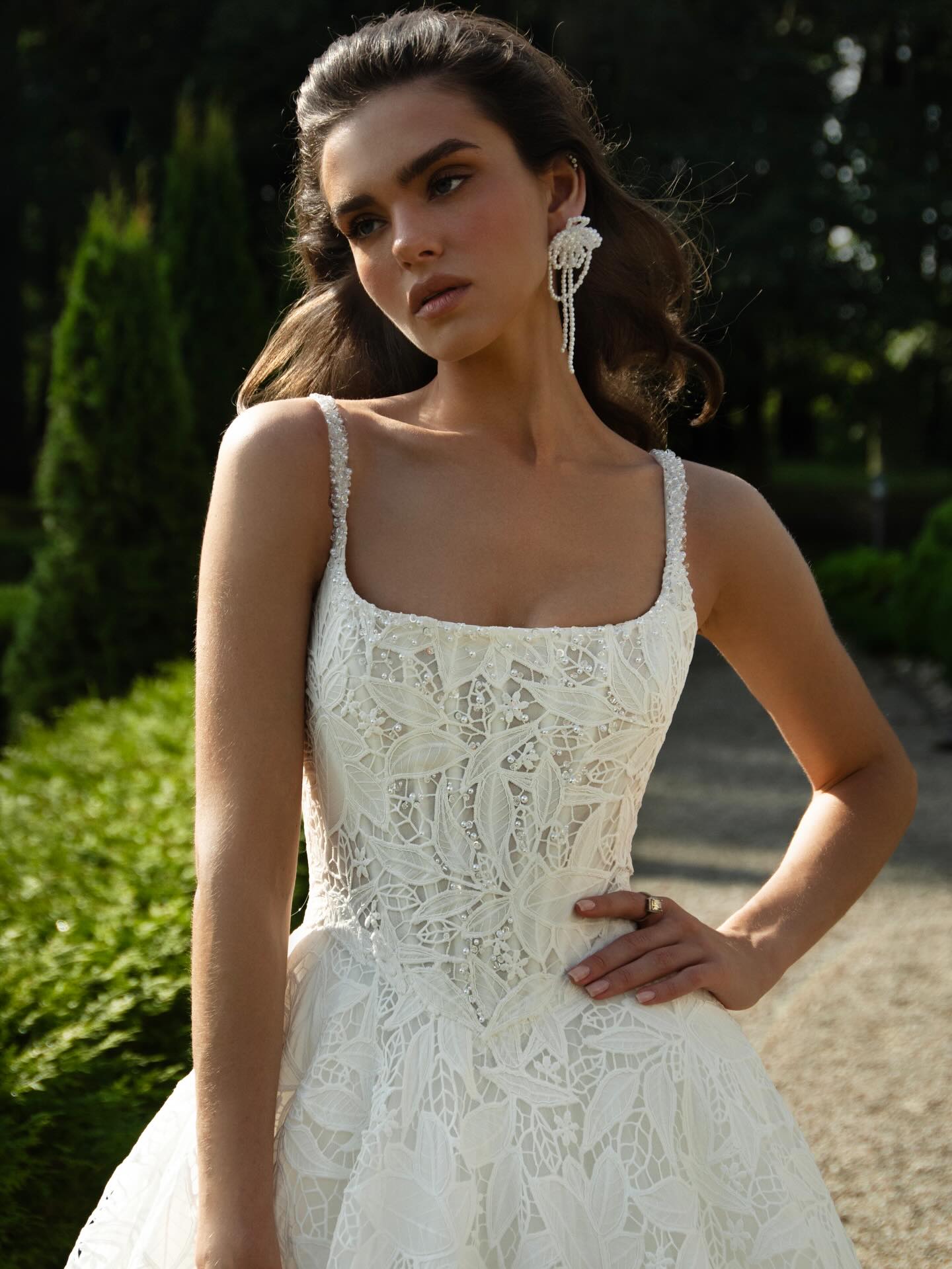 Square Neck Botanical Lace A-Line Wedding Dress