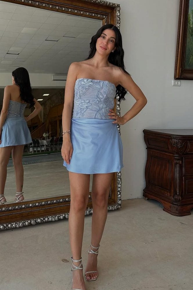 Strapless Lace Corset Satin Mini Dress