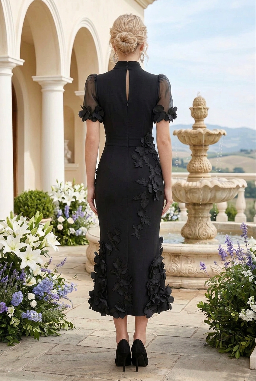 High-Neck Midi Dress with Floral Appliques