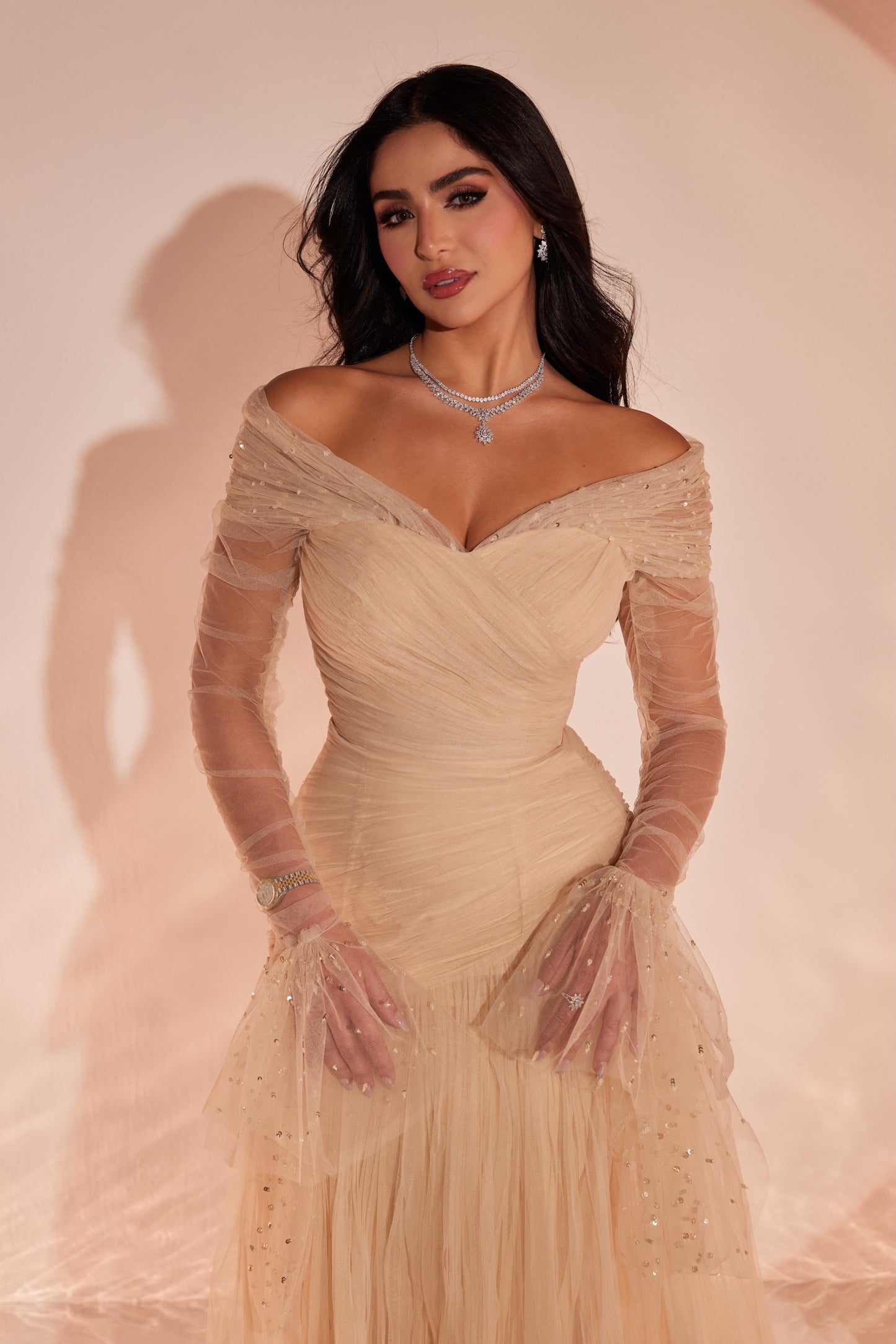 Off-the-Shoulder Ruched Tulle Evening Gown