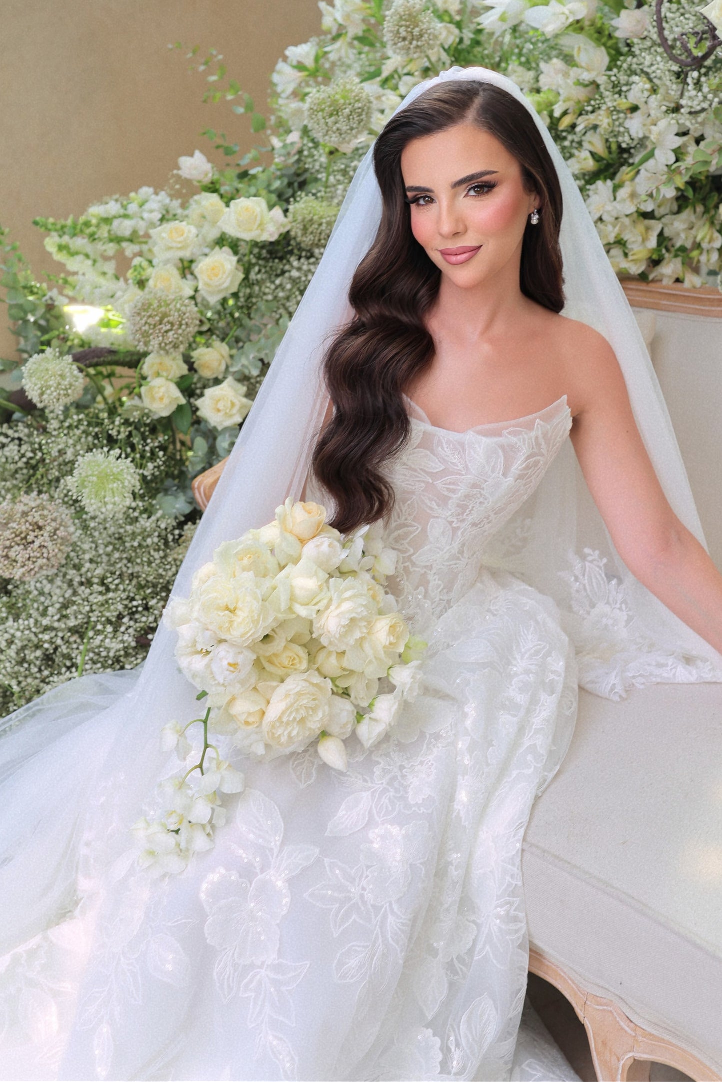 Strapless Lace Floral Applique Ball Gown Wedding Dress