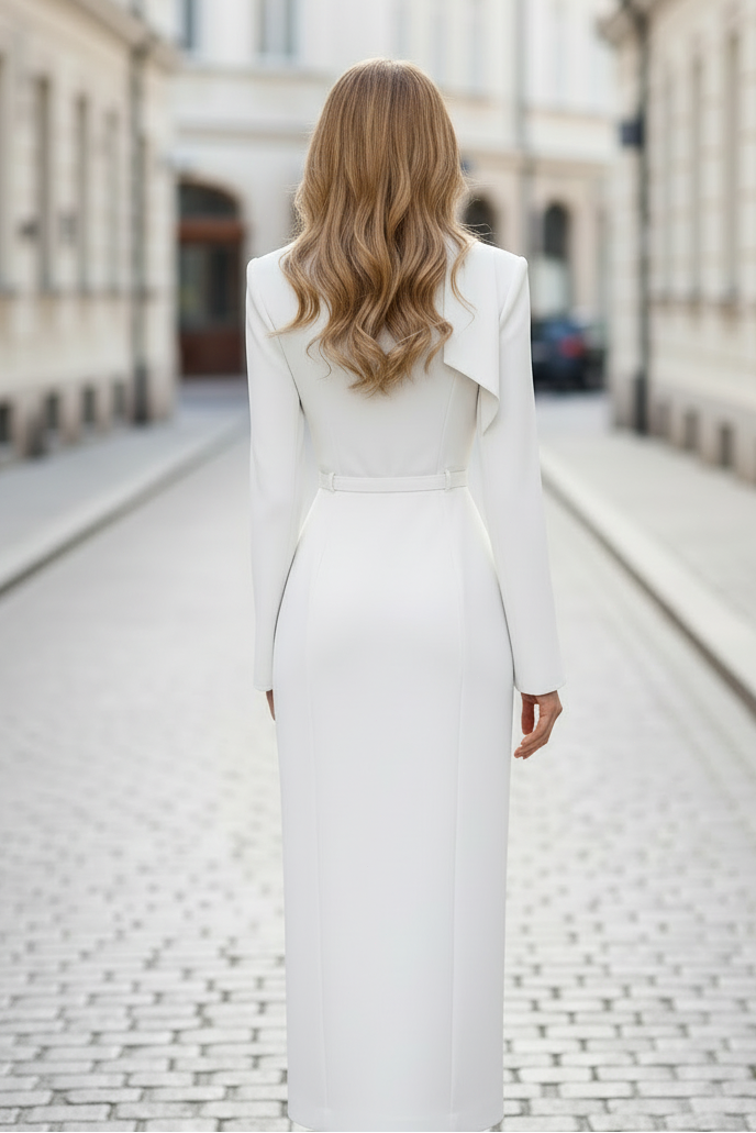 Belted High-Neck Wrap Midi Dress with Slit