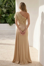 One-Shoulder Sequin Bodice Satin Evening Gown