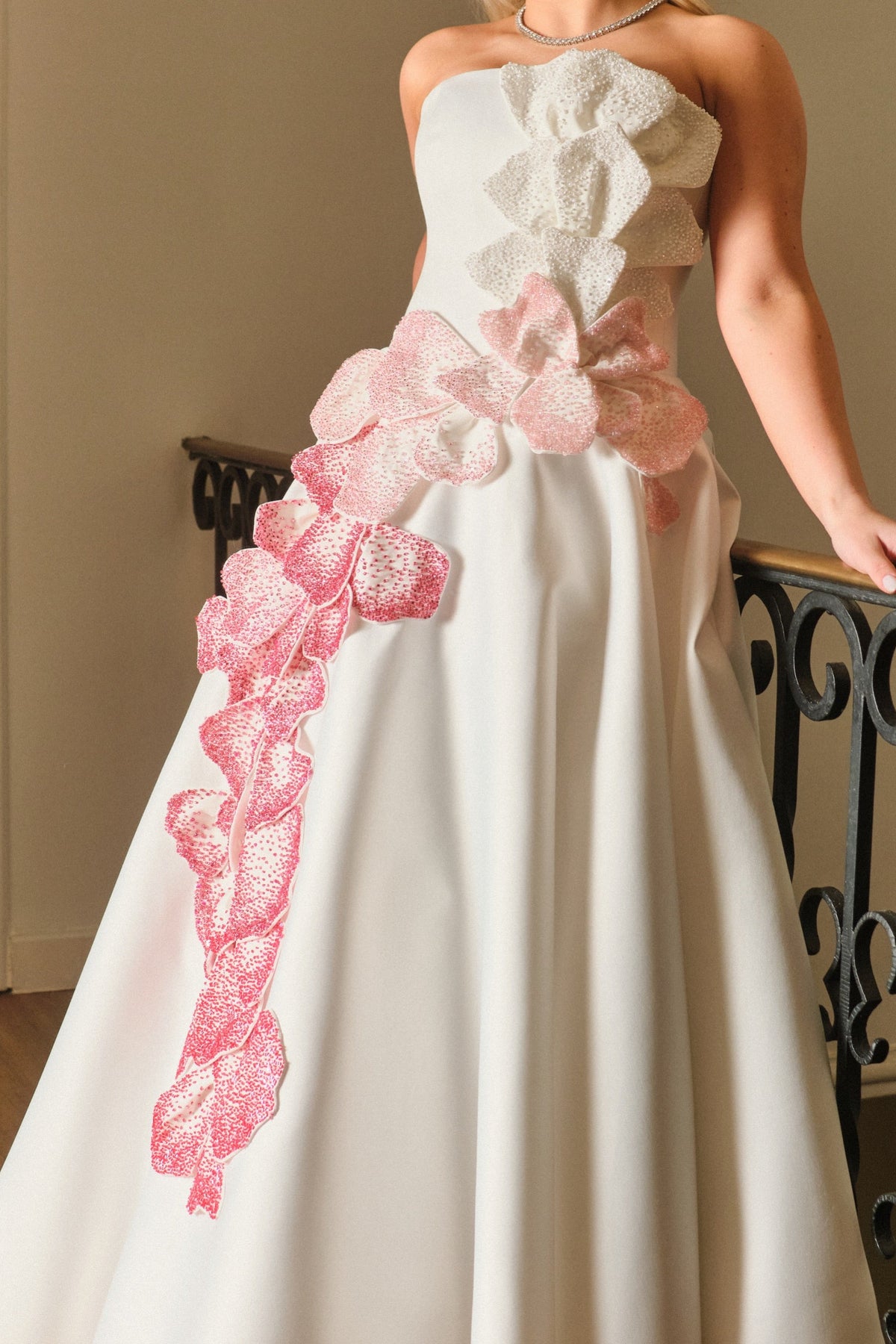 Strapless Floral Applique Ball Gown with Pockets