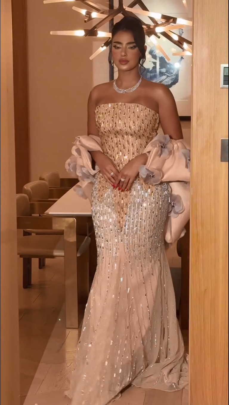 Strapless Embellished Gown with 3D Flower Wrap